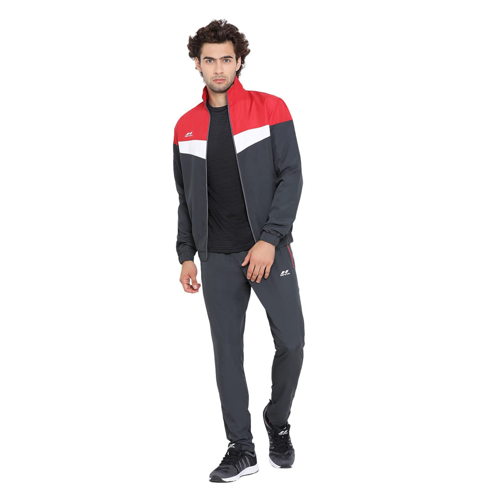 Nivia Dobby 2.0 Track Suit/Sportswear Regular Fit Track Suits/Athletic Gym Running Jogging Suit Set (Dark Grey/Red/White, L)