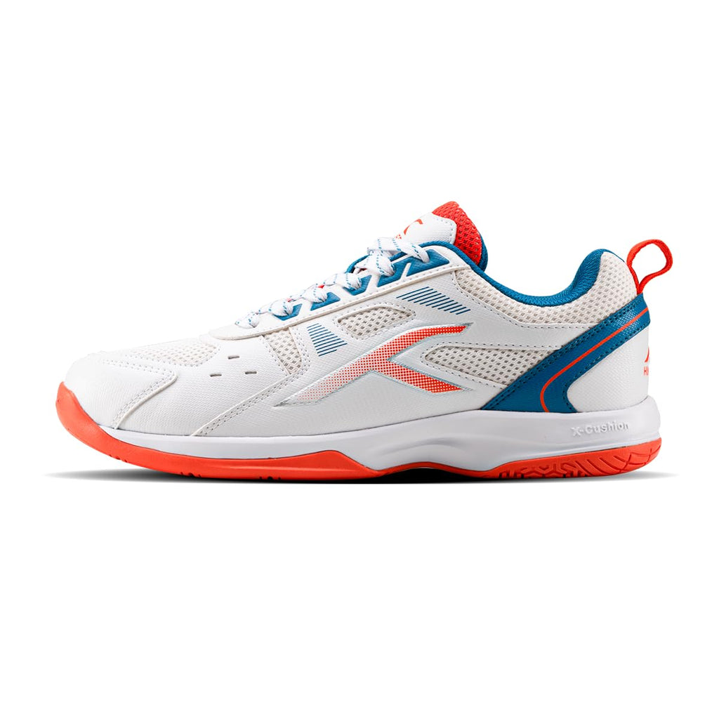 Hundred Raze Badminton Shoes (Non Marking) | Also Perfect for Squash, Table Tennis, & Indoor Sports | Lightweight & Durable | X-Cushion, Active Grip Sole (White/Orange/Deep Sea Blue ; 8 UK)