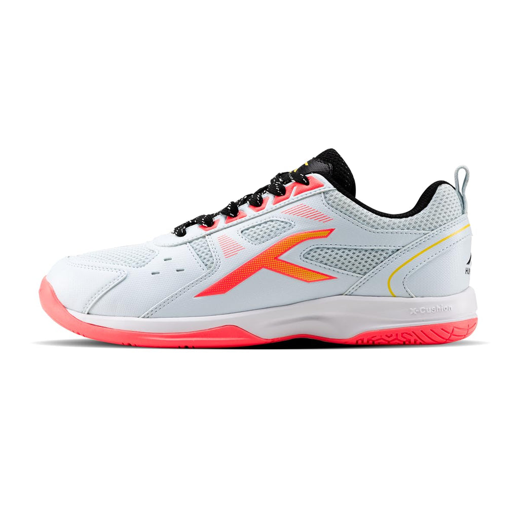 Hundred Raze Badminton Shoes (Non Marking) | Also Perfect for Squash, Table Tennis, & Indoor Sports | Lightweight & Durable | X-Cushion, Active Grip Sole (White/Orange/Deep Sea Blue ; 8 UK)