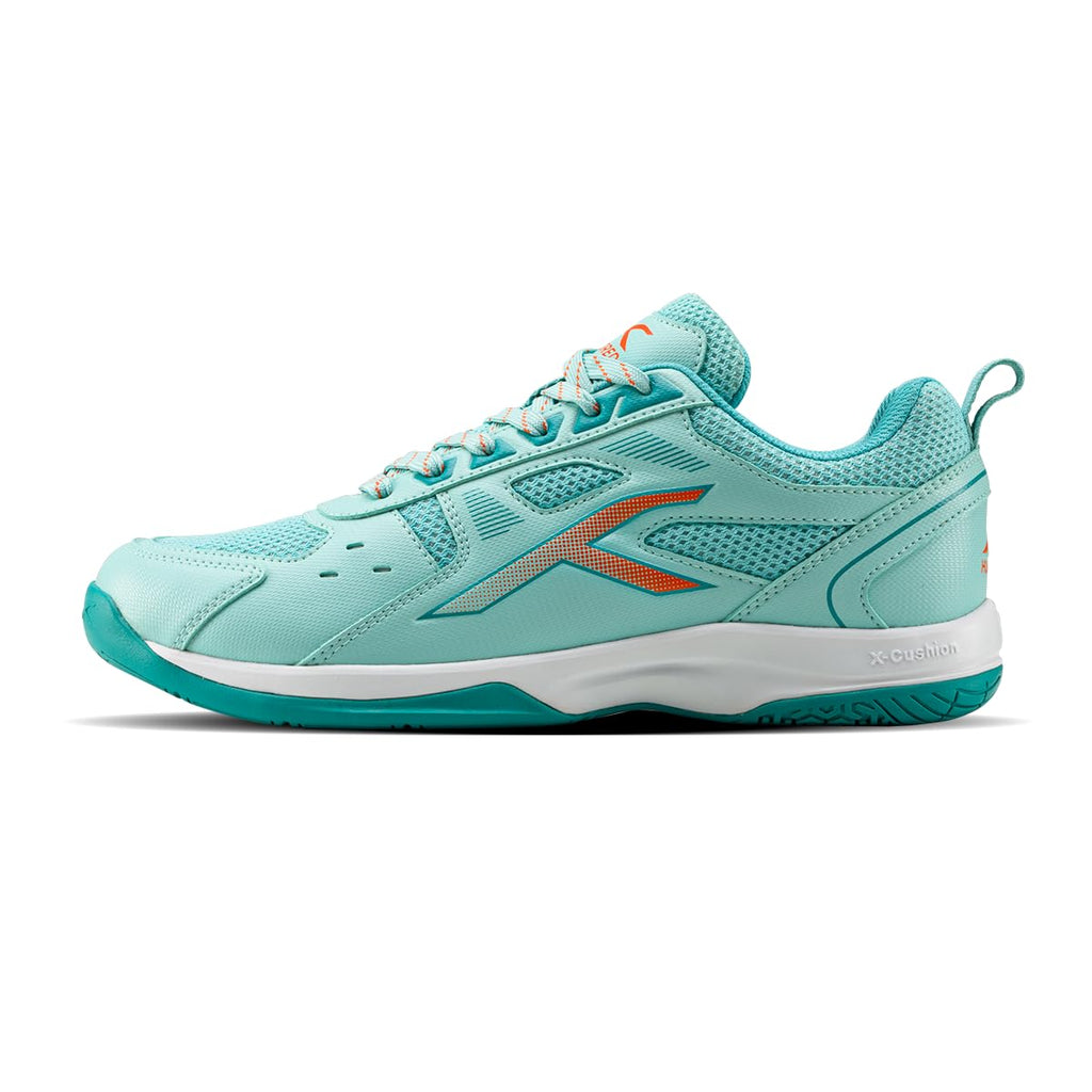 Hundred Raze Badminton Shoes (Non Marking) | Also Perfect for Squash, Table Tennis, & Indoor Sports | Lightweight & Durable | X-Cushion, Active Grip Sole (White/Orange/Deep Sea Blue ; 8 UK)