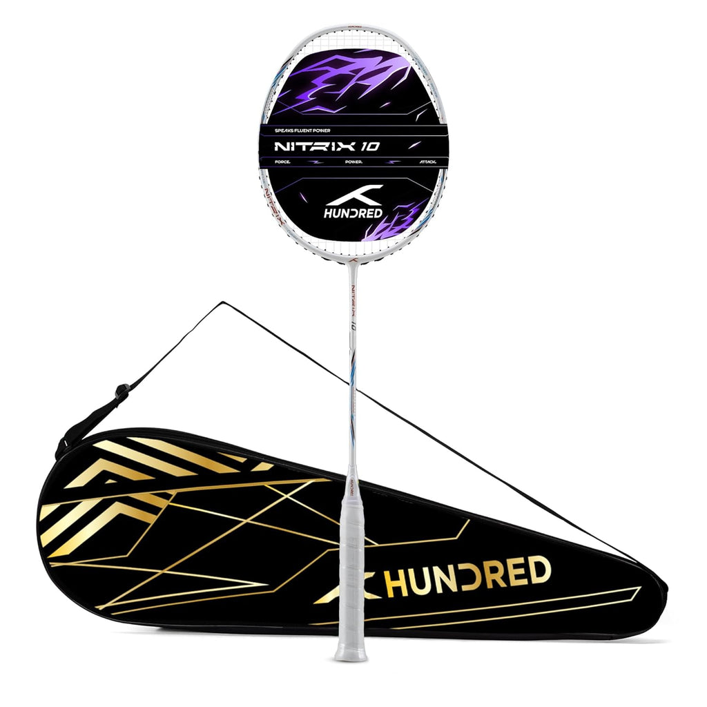 Hundred Nitrix 10 Badminton Racket (Strung) | Carbon Fiber Frame | Head-Heavy Attacking Racket | Flexible Shaft for Powerful Smashes | Max Tension 30 lbs | Full Cover Included