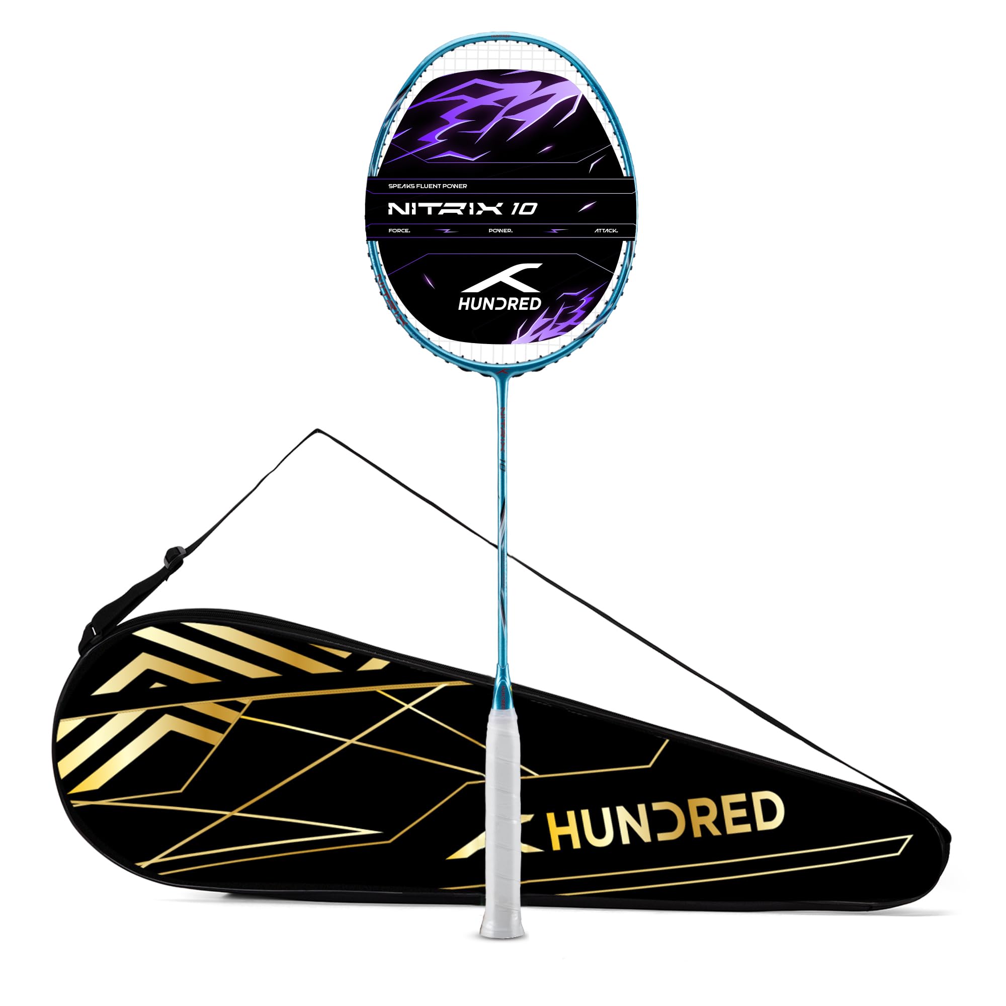 Hundred Nitrix 10 Badminton Racket (Strung) | Carbon Fiber Frame | Head-Heavy Attacking Racket | Flexible Shaft for Powerful Smashes | Max Tension 30 lbs | Full Cover Included