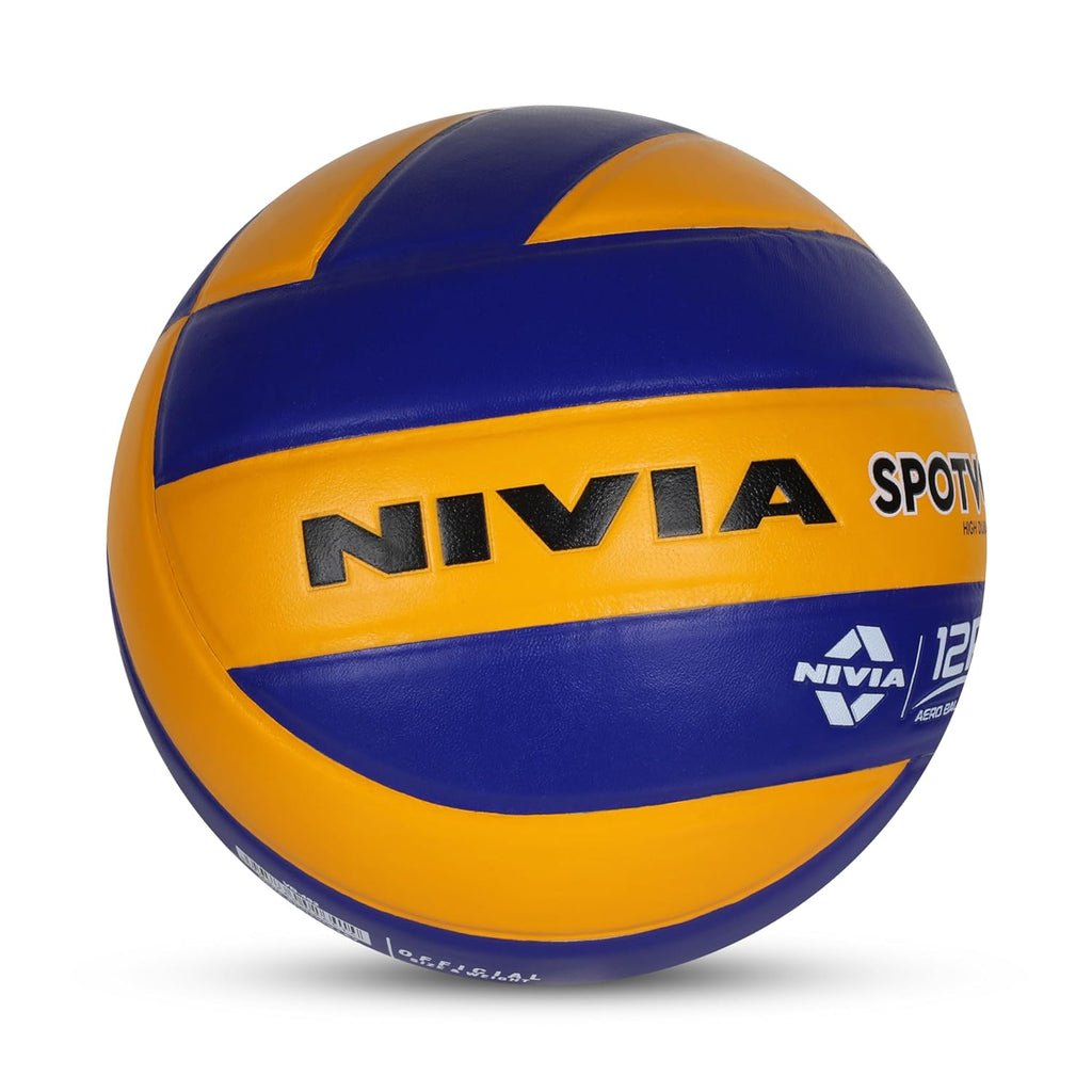 Nivia Spotvolley Volleyball, Match Ball, 12 Panels, Genuine Leather Pasted, Butyl Threadwounded Bladder, As Per VFI Standard, to Play on All Indoor & Outdoor Surfaces (Size - 4, Yellow/Blue)