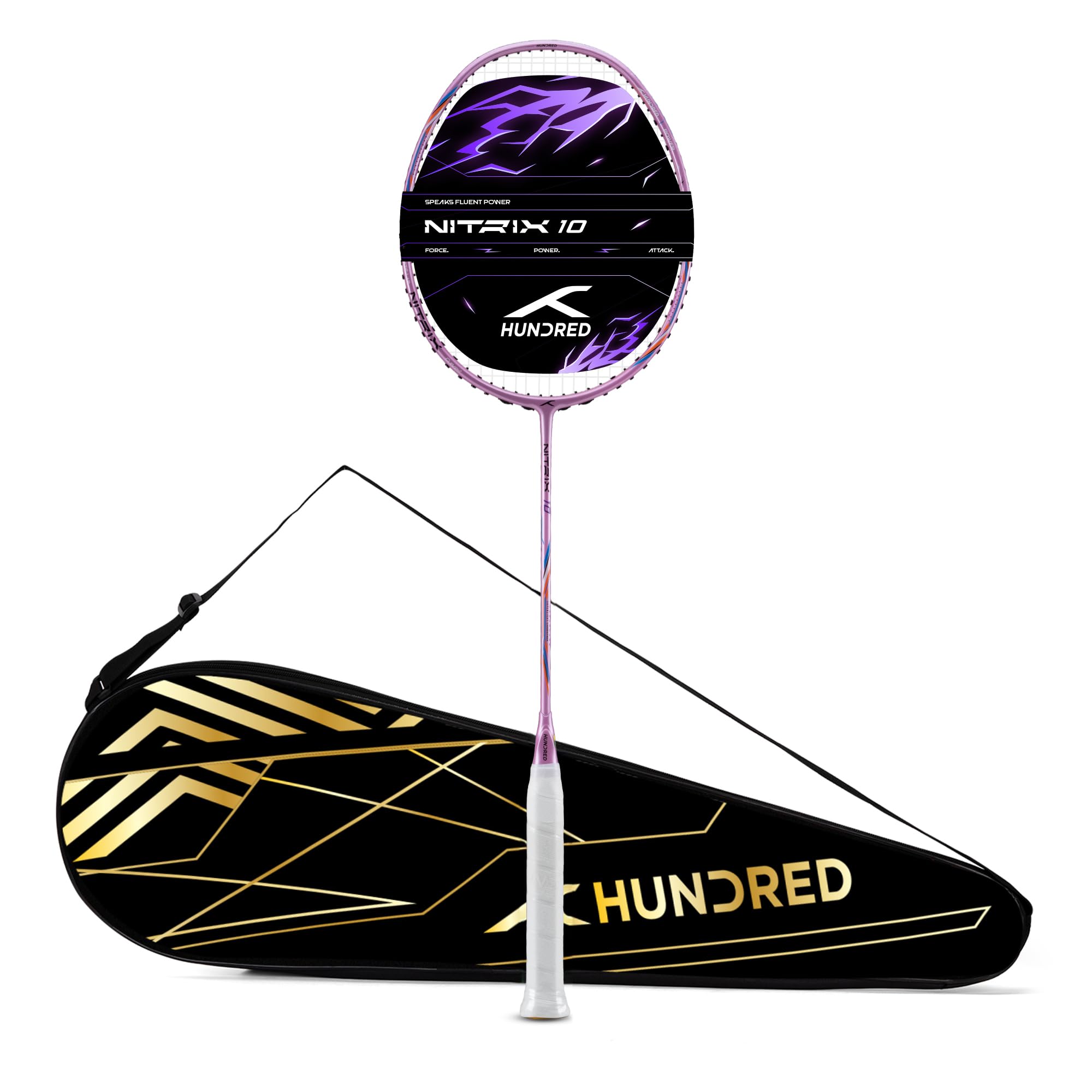 Hundred Nitrix 10 Badminton Racket (Strung) | Carbon Fiber Frame | Head-Heavy Attacking Racket | Flexible Shaft for Powerful Smashes | Max Tension 30 lbs | Full Cover Included