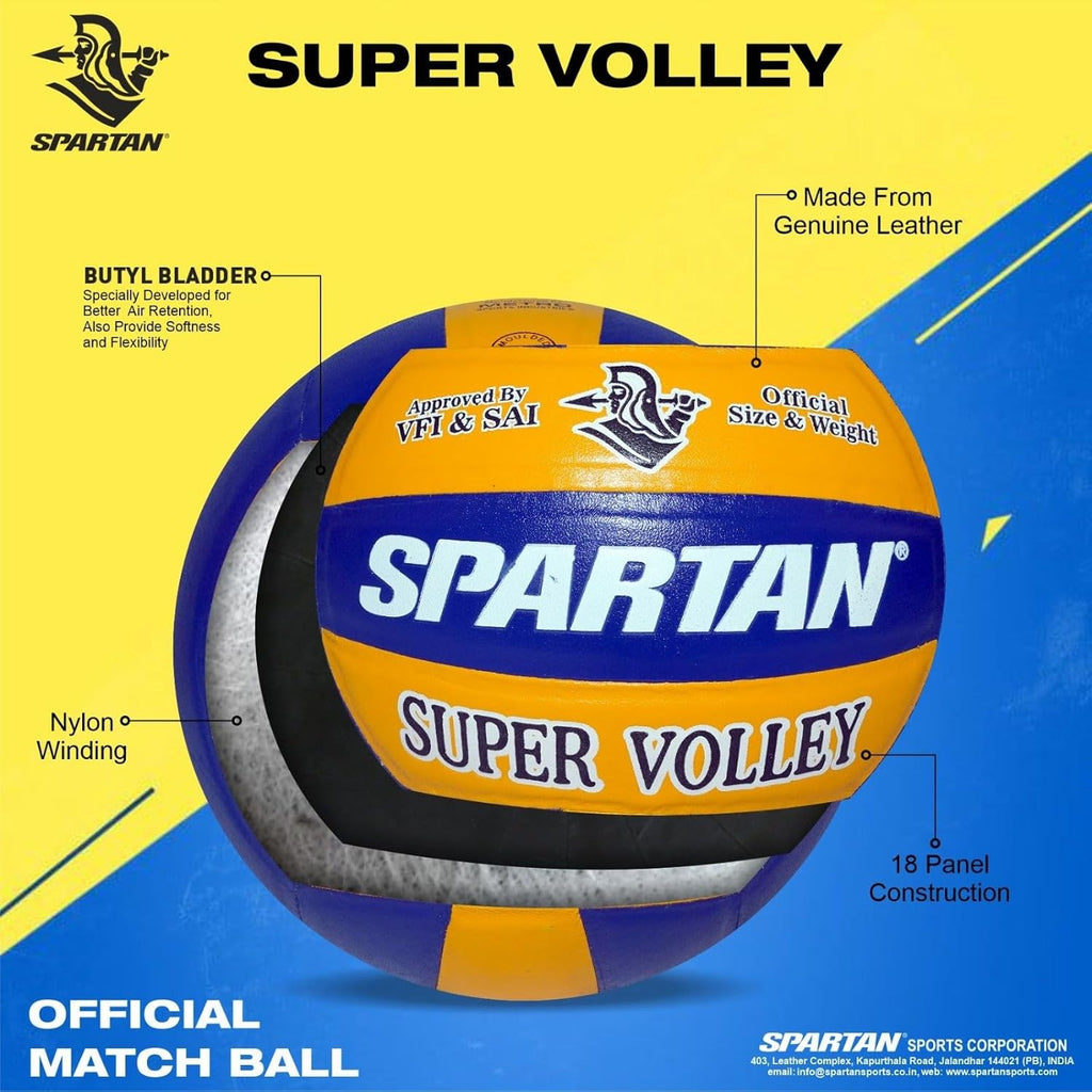 Spartan Super Volley Volleyball, Leather-Pasted Rubber Moulded, Blue and Yellow, Size 4, 18-Panel, Waterproof, Lightweight with Air Pump by Spartan Sports Corporation