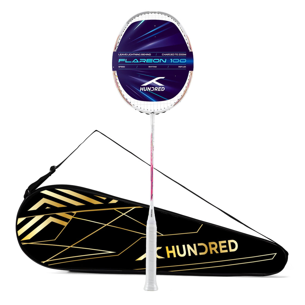 Hundred Flareon 100 Badminton Racket (Strung)| Carbon Fiber Frame | Speed Racket for Fast Swings | Flexible Shaft | Max Tension 30 lbs | Full Cover Included