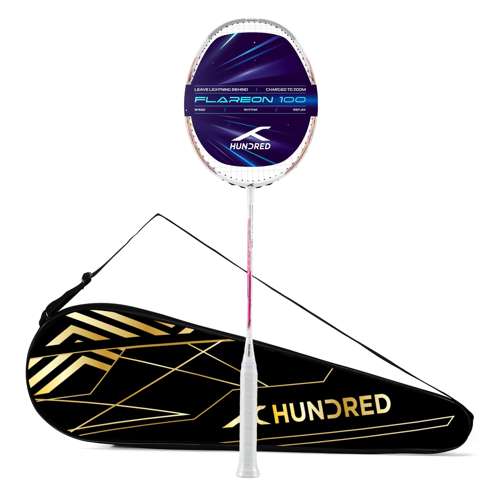 Hundred Flareon 100 Badminton Racket (Strung)| Carbon Fiber Frame | Speed Racket for Fast Swings | Flexible Shaft | Max Tension 30 lbs | Full Cover Included