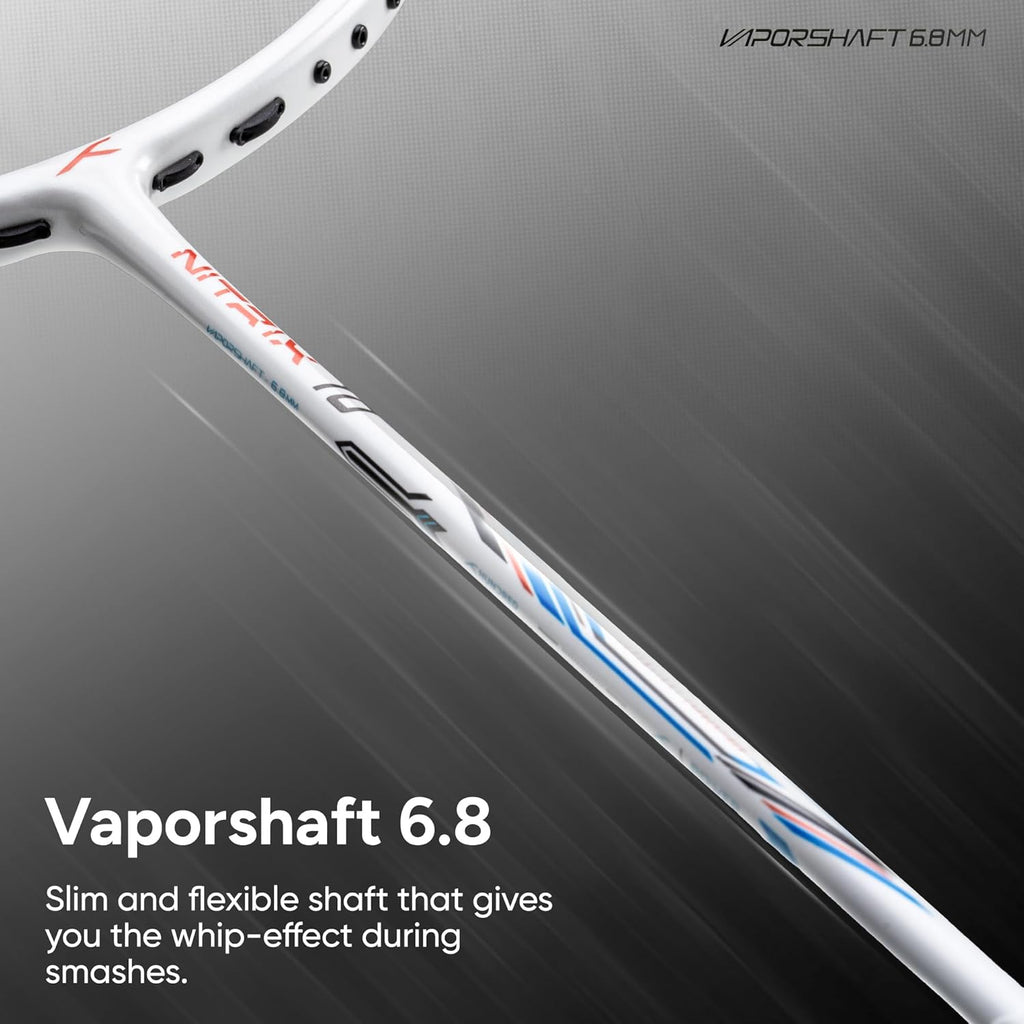 Hundred Nitrix 10 Badminton Racket (Strung) | Carbon Fiber Frame | Head-Heavy Attacking Racket | Flexible Shaft for Powerful Smashes | Max Tension 30 lbs | Full Cover Included