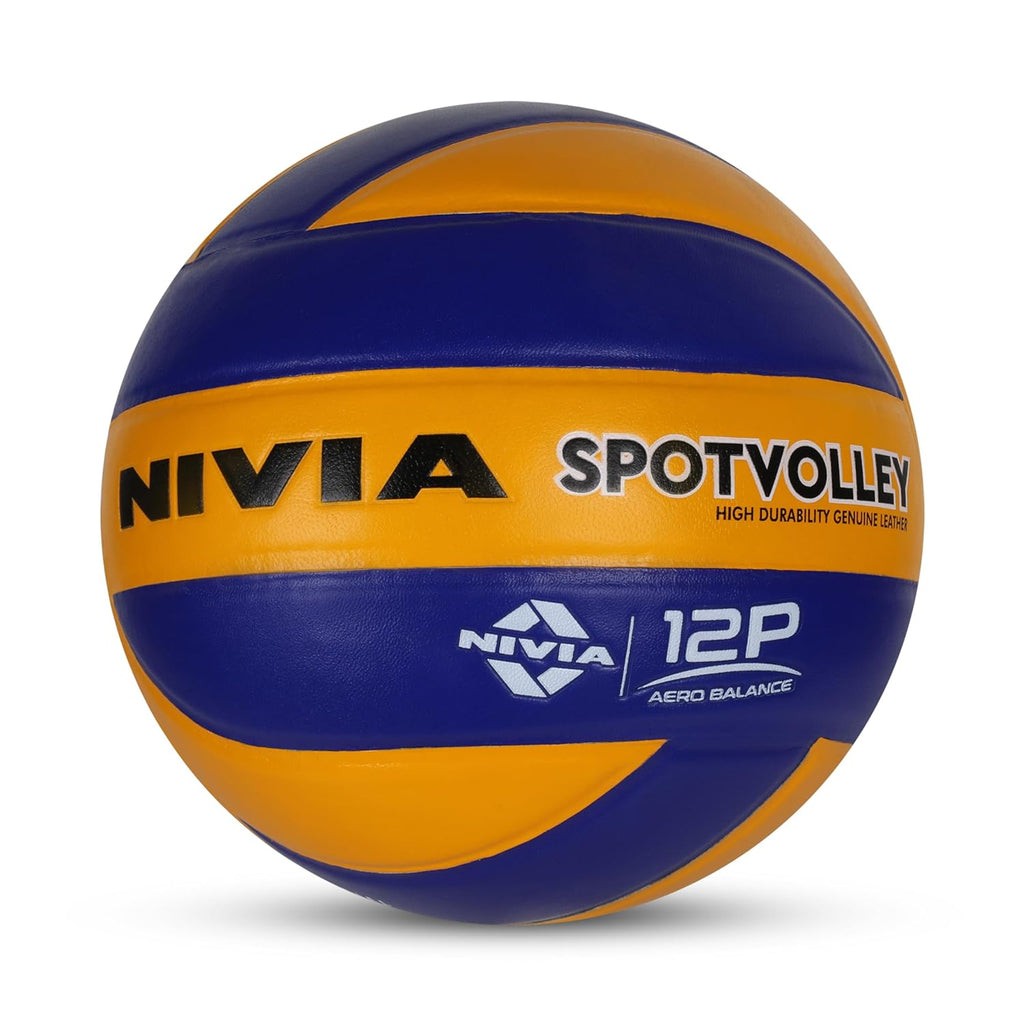Nivia Spotvolley Volleyball, Match Ball, 12 Panels, Genuine Leather Pasted, Butyl Threadwounded Bladder, As Per VFI Standard, to Play on All Indoor & Outdoor Surfaces (Size - 4, Yellow/Blue)