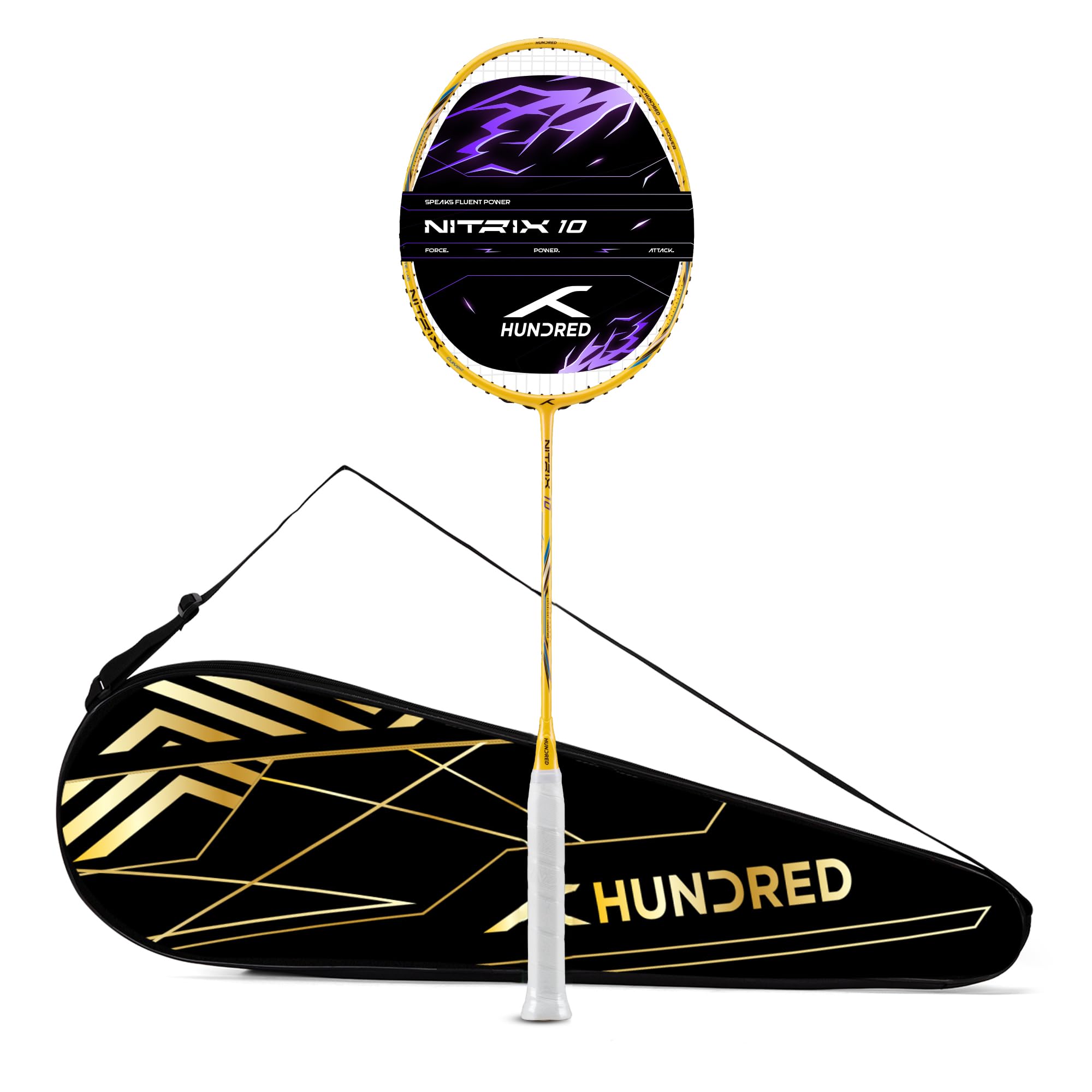 Hundred Nitrix 10 Badminton Racket (Strung) | Carbon Fiber Frame | Head-Heavy Attacking Racket | Flexible Shaft for Powerful Smashes | Max Tension 30 lbs | Full Cover Included