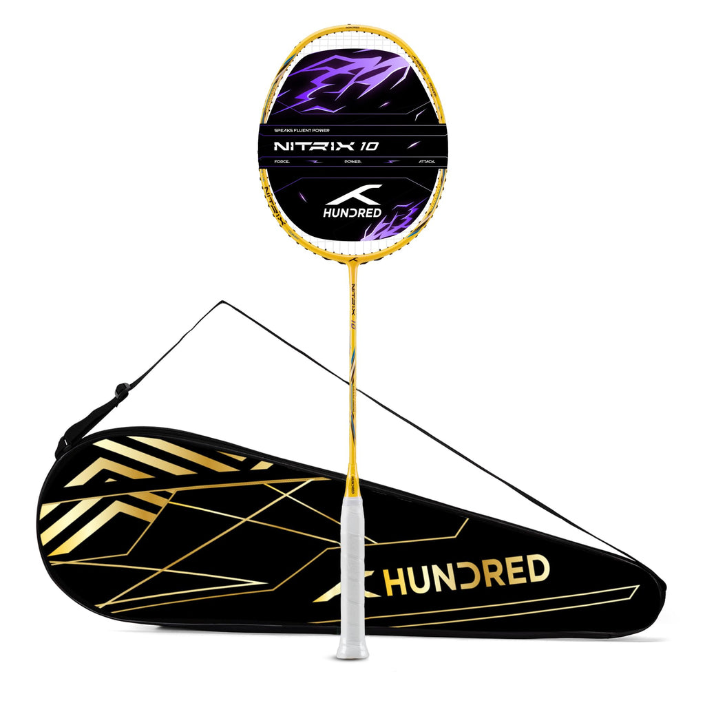Hundred Nitrix 10 Badminton Racket (Strung) | Carbon Fiber Frame | Head-Heavy Attacking Racket | Flexible Shaft for Powerful Smashes | Max Tension 30 lbs | Full Cover Included
