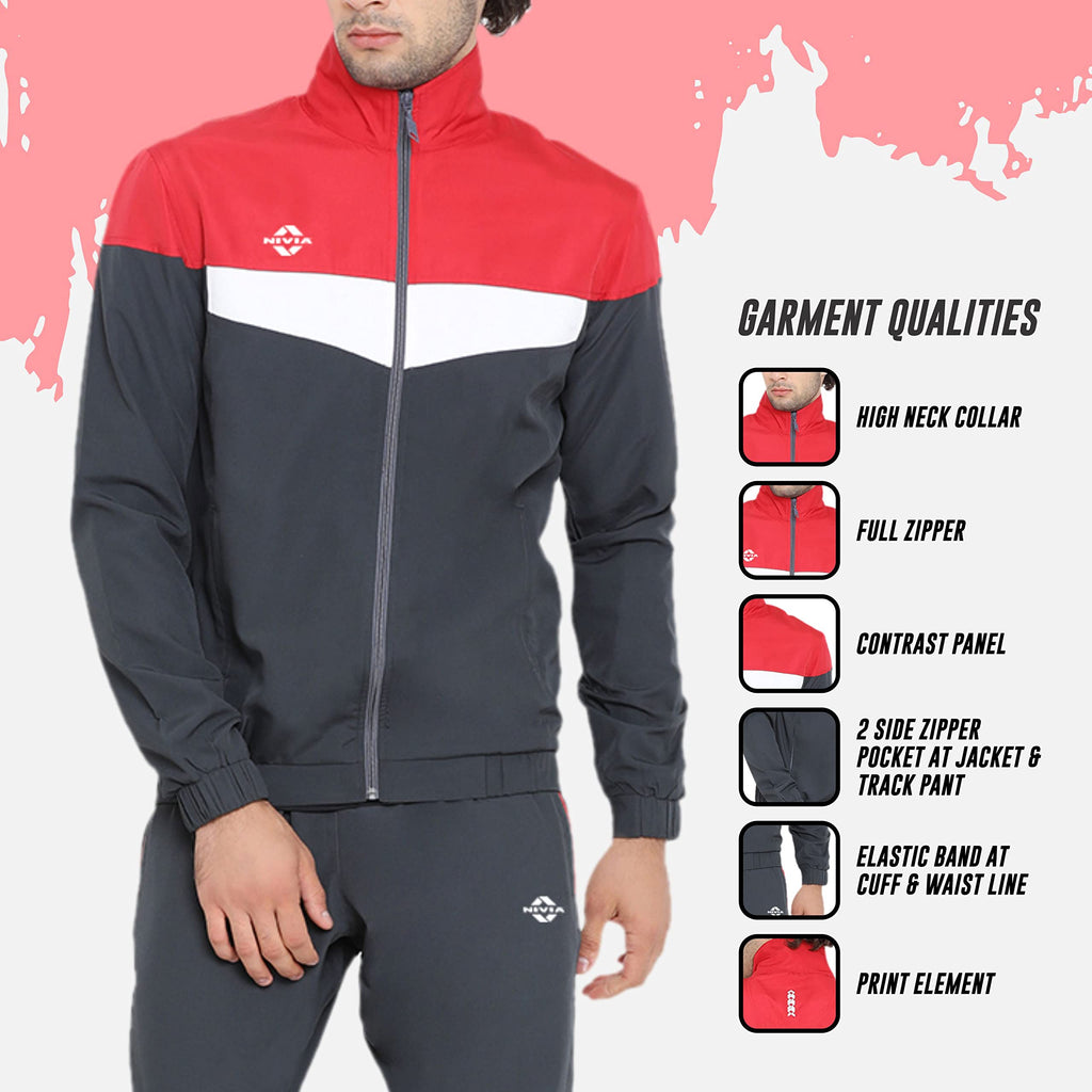 Nivia Dobby 2.0 Track Suit/Sportswear Regular Fit Track Suits/Athletic Gym Running Jogging Suit Set (Dark Grey/Red/White, L)