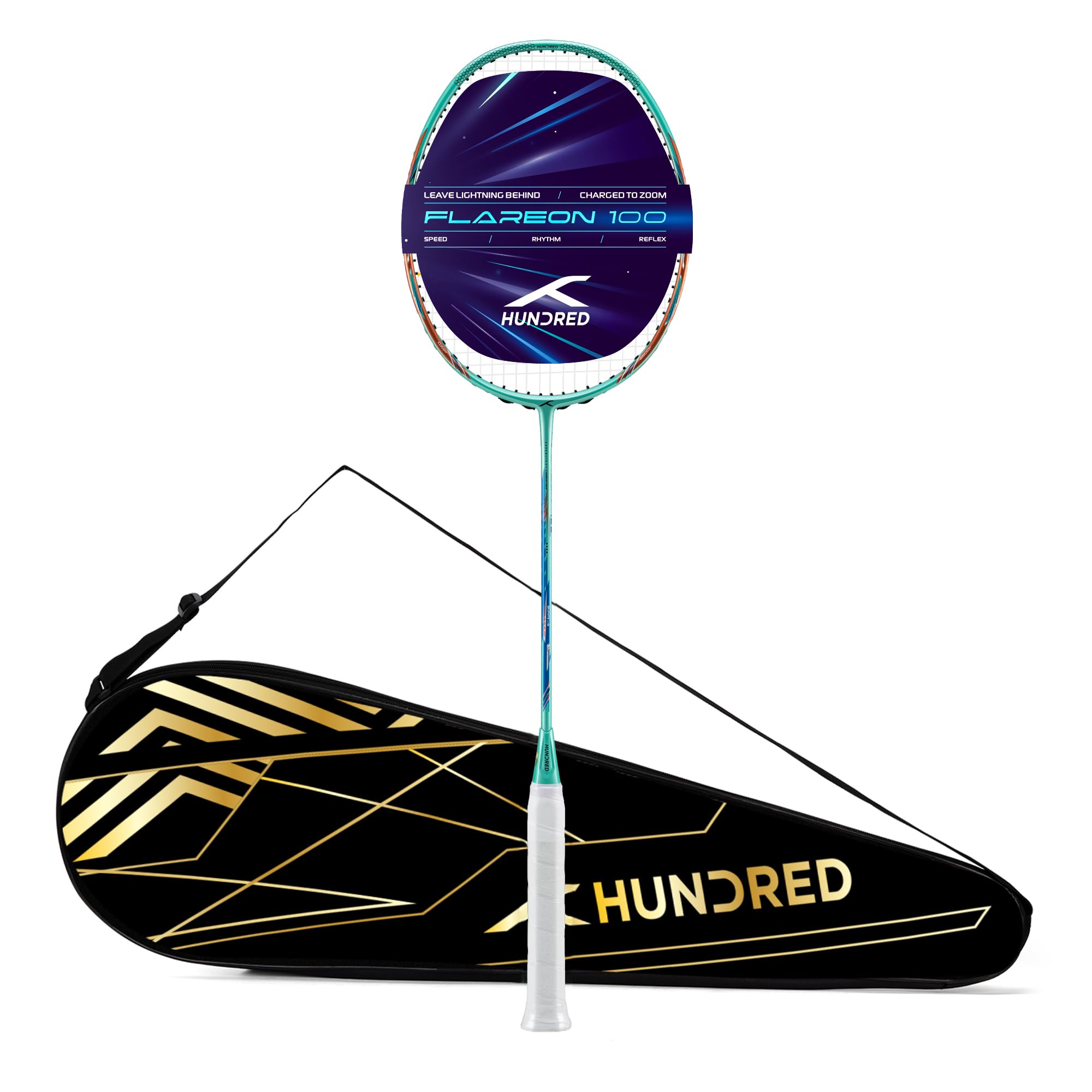 Hundred Flareon 100 Badminton Racket (Strung)| Carbon Fiber Frame | Speed Racket for Fast Swings | Flexible Shaft | Max Tension 30 lbs | Full Cover Included