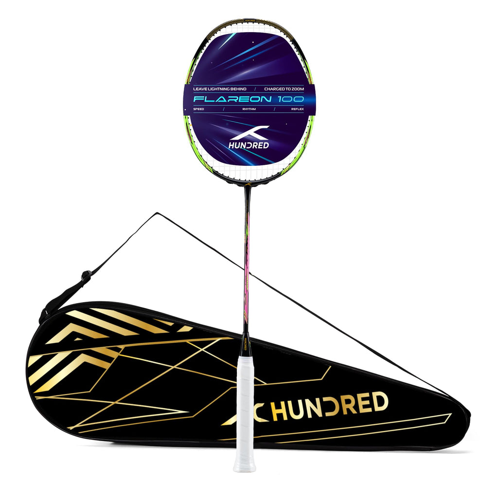 Hundred Flareon 100 Badminton Racket (Strung)| Carbon Fiber Frame | Speed Racket for Fast Swings | Flexible Shaft | Max Tension 30 lbs | Full Cover Included