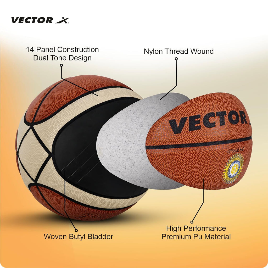 Vector X Basketball X-Pro |14 Pannel | Dual Tone Design | Woven Butyl Bladder | BBFI Approved | Official Match Ball | Premium Rubber | Color - Brown (7)