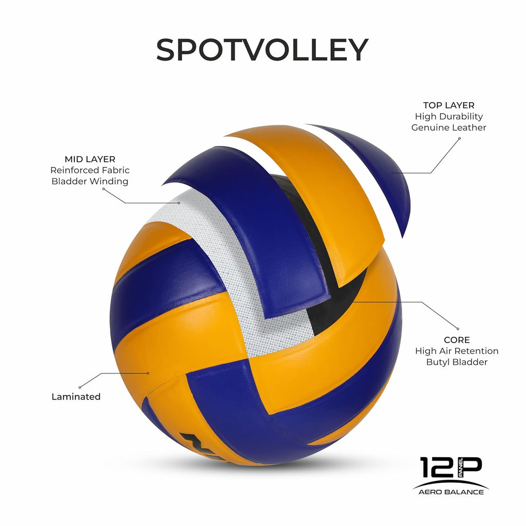 Nivia Spotvolley Volleyball, Match Ball, 12 Panels, Genuine Leather Pasted, Butyl Threadwounded Bladder, As Per VFI Standard, to Play on All Indoor & Outdoor Surfaces (Size - 4, Yellow/Blue)