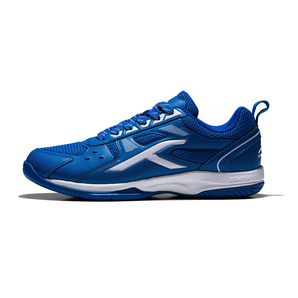 Hundred Raze Badminton Shoes (Non Marking) | Also Perfect for Squash, Table Tennis, & Indoor Sports | Lightweight & Durable | X-Cushion, Active Grip Sole (White/Orange/Deep Sea Blue ; 8 UK)