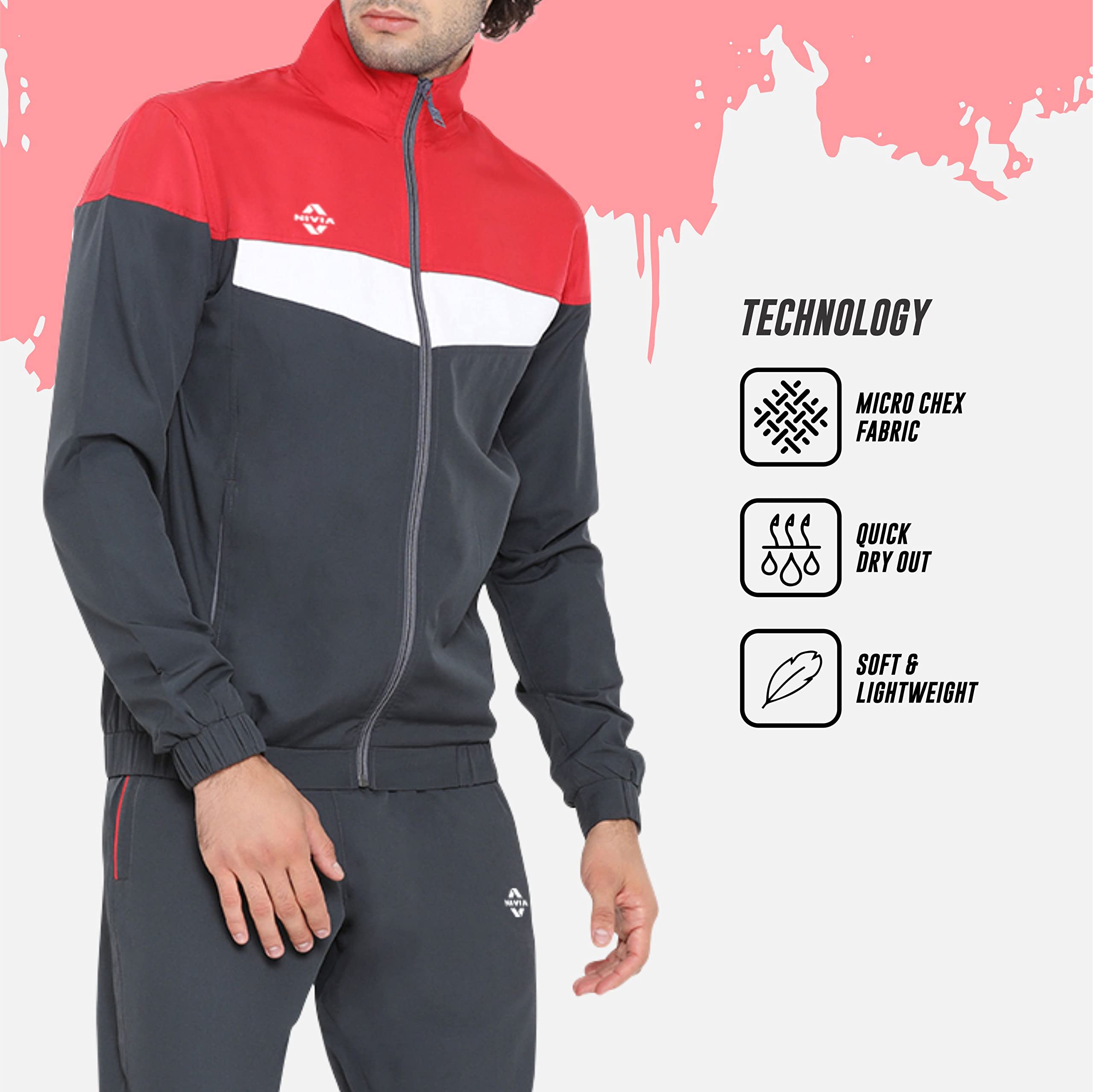 Nivia Dobby 2.0 Track Suit/Sportswear Regular Fit Track Suits/Athletic Gym Running Jogging Suit Set (Dark Grey/Red/White, L)