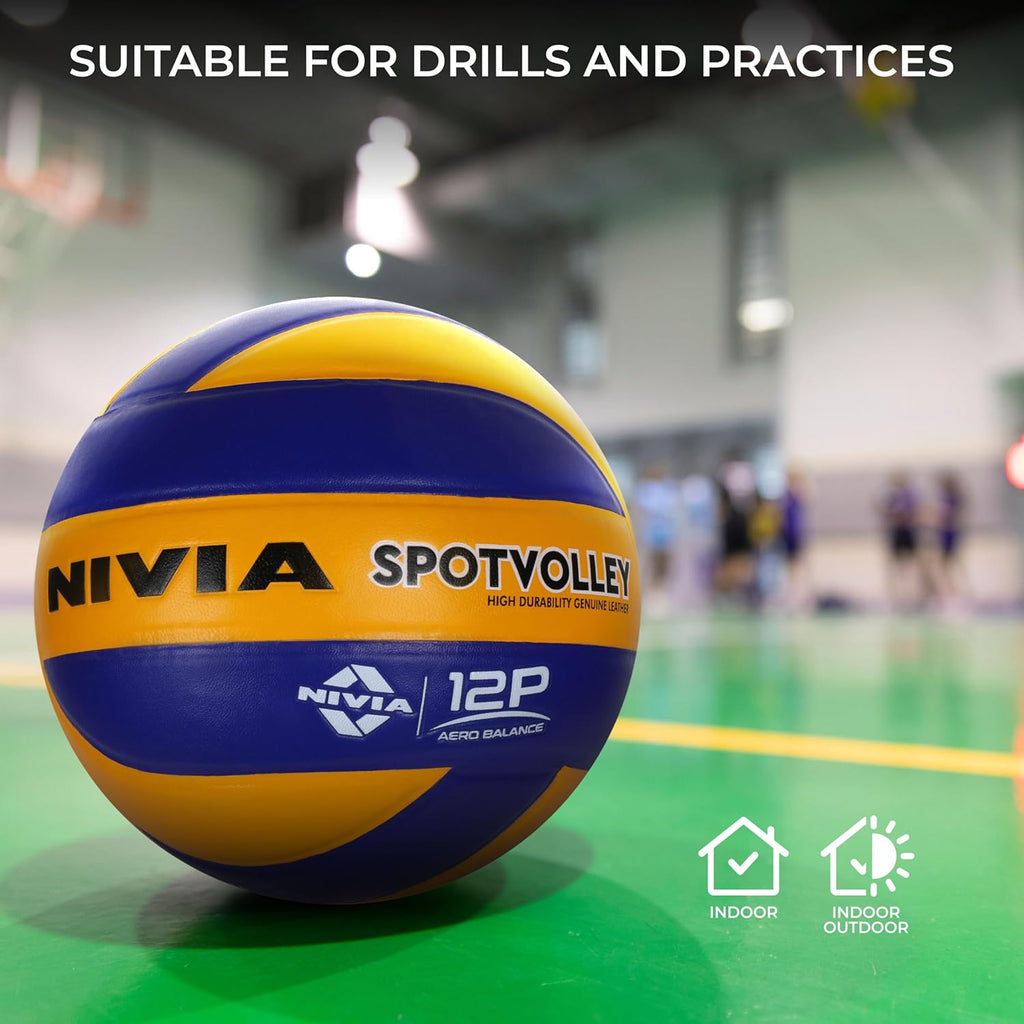 Nivia Spotvolley Volleyball, Match Ball, 12 Panels, Genuine Leather Pasted, Butyl Threadwounded Bladder, As Per VFI Standard, to Play on All Indoor & Outdoor Surfaces (Size - 4, Yellow/Blue)