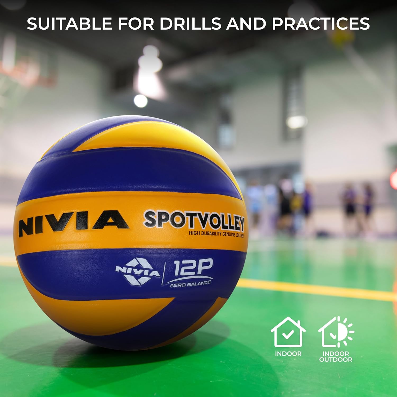 Nivia Spotvolley Volleyball, Match Ball, 12 Panels, Genuine Leather Pasted, Butyl Threadwounded Bladder, As Per VFI Standard, to Play on All Indoor & Outdoor Surfaces (Size - 4, Yellow/Blue)