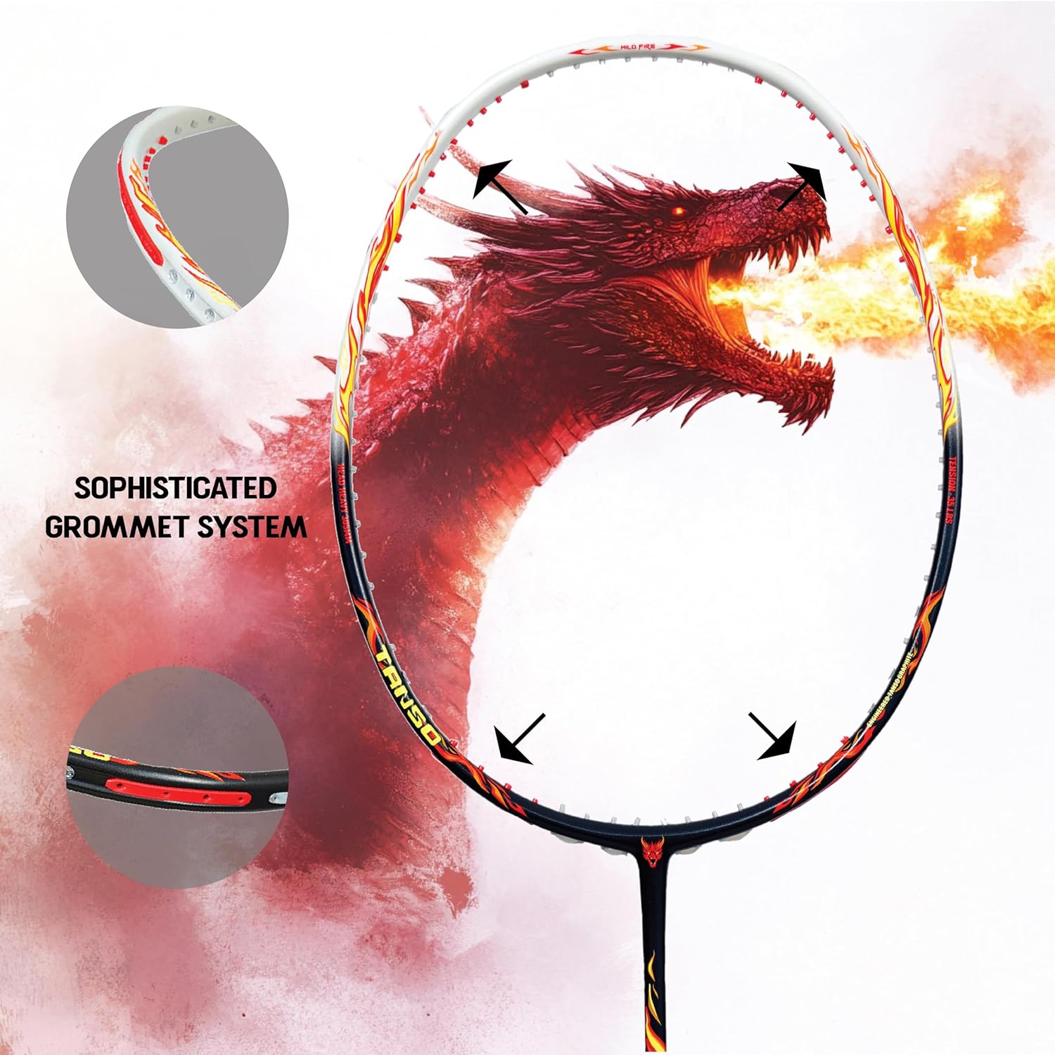 TANSO Wild Fire Full Graphite Ultra Light Weight Carbon Fibre Strung Badminton Racket (35 Lbs Tension,6.5mm ultra slim shaft, 77 Grams, Strung with premium strings and full racquet cover) (Aggressive)
