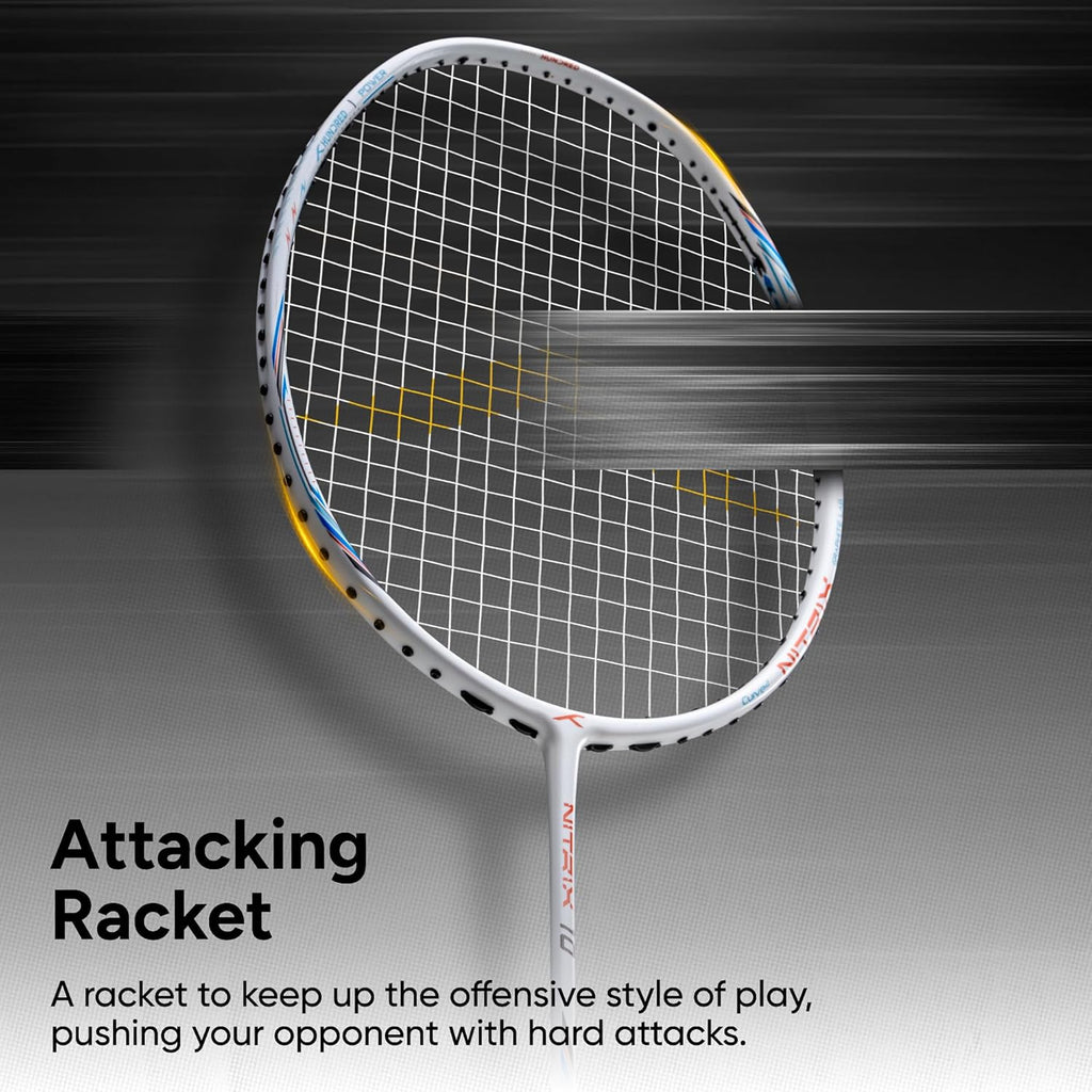 Hundred Nitrix 10 Badminton Racket (Strung) | Carbon Fiber Frame | Head-Heavy Attacking Racket | Flexible Shaft for Powerful Smashes | Max Tension 30 lbs | Full Cover Included