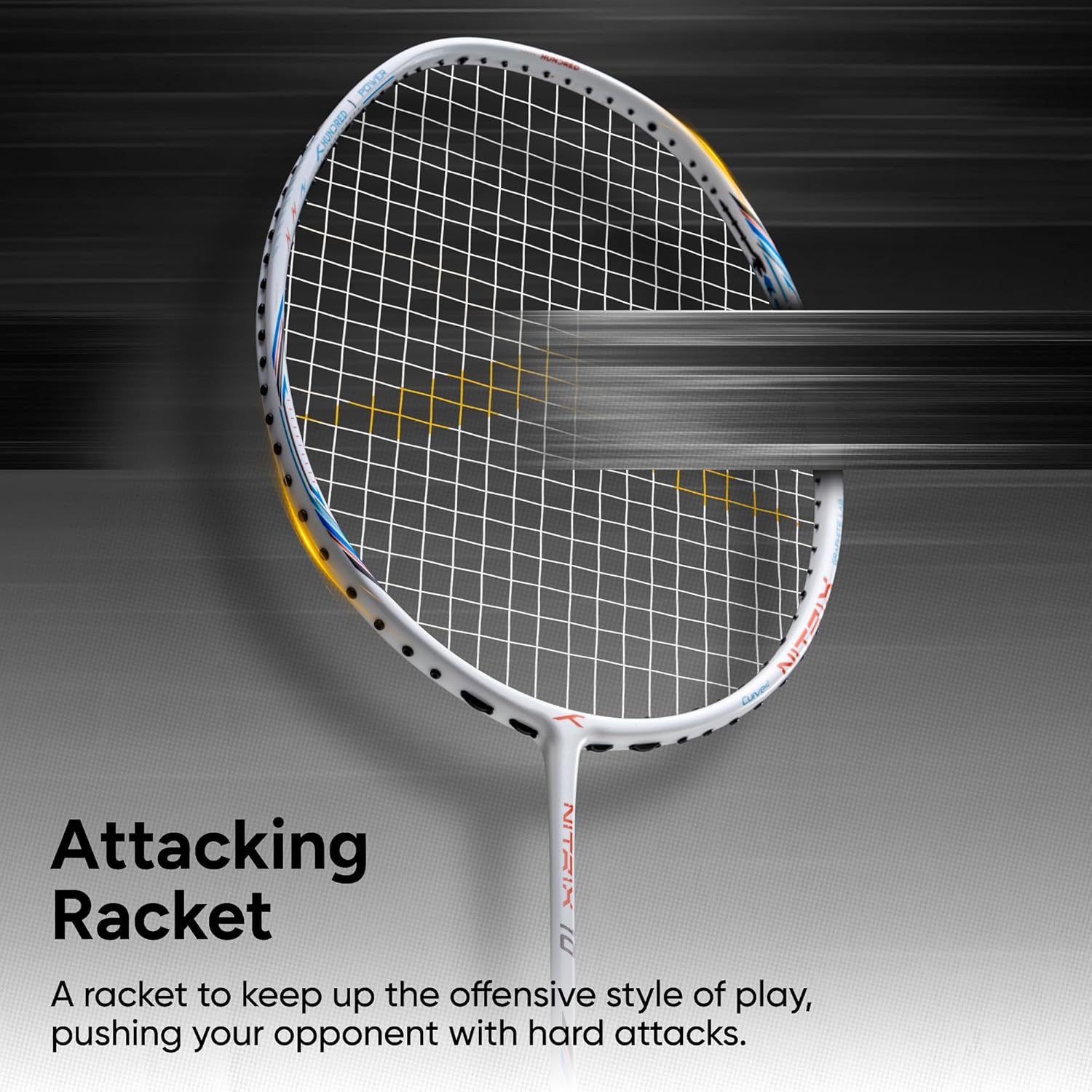 Hundred Nitrix 10 Badminton Racket (Strung) | Carbon Fiber Frame | Head-Heavy Attacking Racket | Flexible Shaft for Powerful Smashes | Max Tension 30 lbs | Full Cover Included