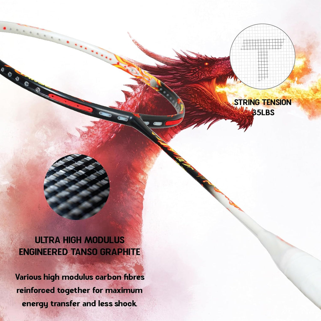 TANSO Wild Fire Full Graphite Ultra Light Weight Carbon Fibre Strung Badminton Racket (35 Lbs Tension,6.5mm ultra slim shaft, 77 Grams, Strung with premium strings and full racquet cover) (Aggressive)