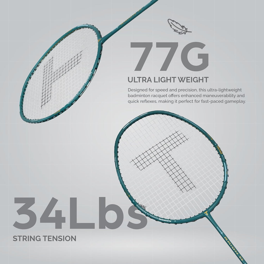 TANSO Raion SS Strung Badminton Racket (34 Lbs Tension, Recommended by Padukone School of Badminton, 77 Grams Ultra Light Weight Full Carbon Fiber with Premium Strings and Full Racquet Cover)