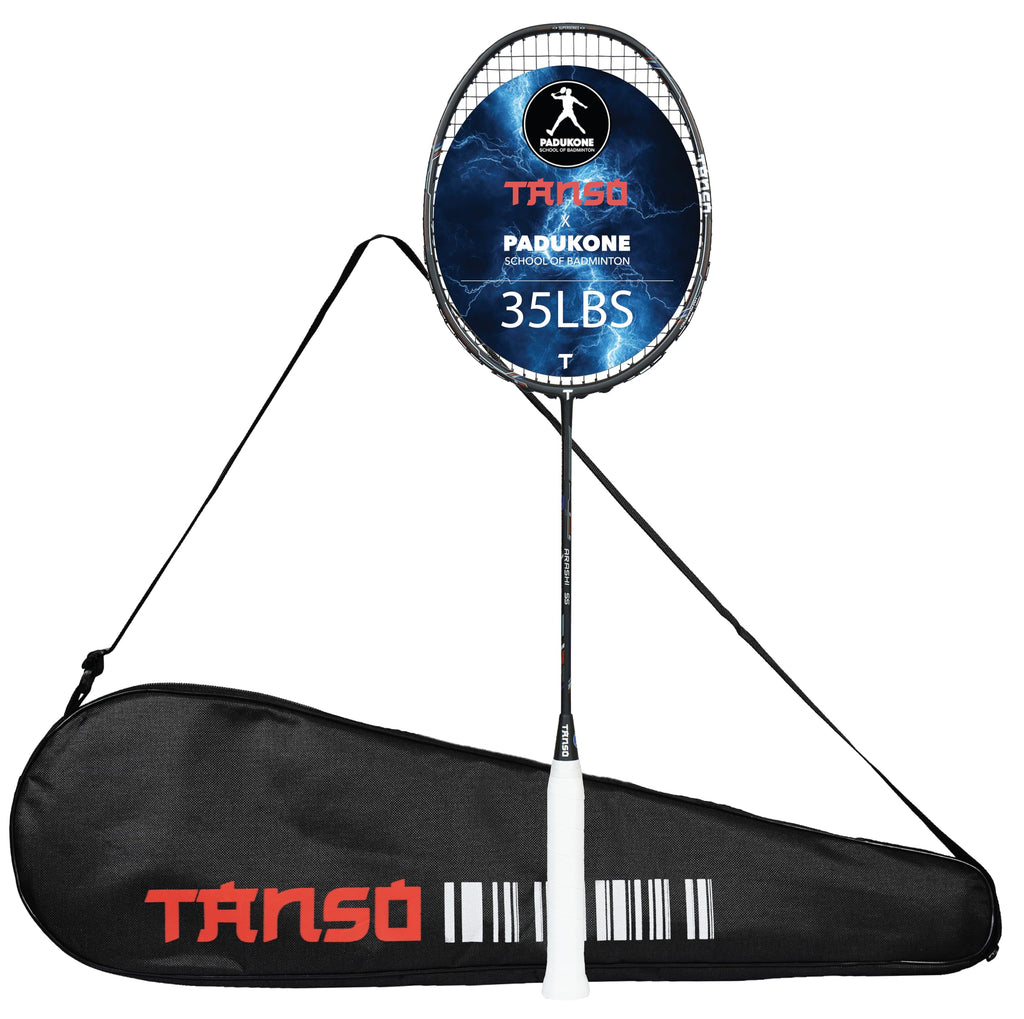 TANSO Arashi SS Strung Badminton Racket (35 Lbs Tension, Recommended by Padukone School of Badminton, 77 Grams Ultra Light Weight Full Carbon Fiber with Premium Strings and Full Racquet Cover)