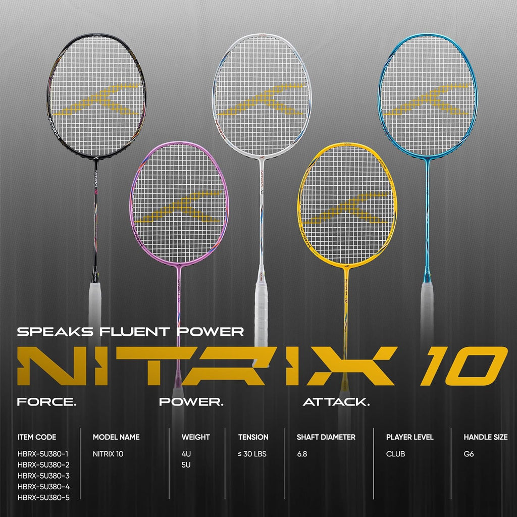 Hundred Nitrix 10 Badminton Racket (Strung) | Carbon Fiber Frame | Head-Heavy Attacking Racket | Flexible Shaft for Powerful Smashes | Max Tension 30 lbs | Full Cover Included