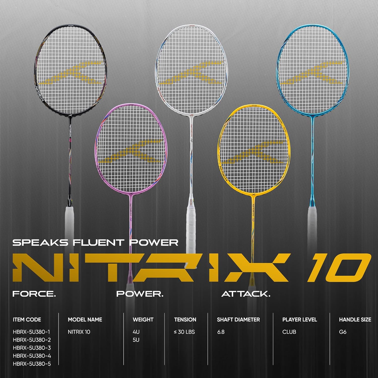 Hundred Nitrix 10 Badminton Racket (Strung) | Carbon Fiber Frame | Head-Heavy Attacking Racket | Flexible Shaft for Powerful Smashes | Max Tension 30 lbs | Full Cover Included