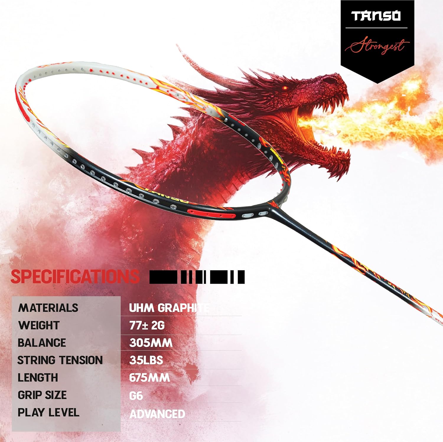 TANSO Wild Fire Full Graphite Ultra Light Weight Carbon Fibre Strung Badminton Racket (35 Lbs Tension,6.5mm ultra slim shaft, 77 Grams, Strung with premium strings and full racquet cover) (Aggressive)
