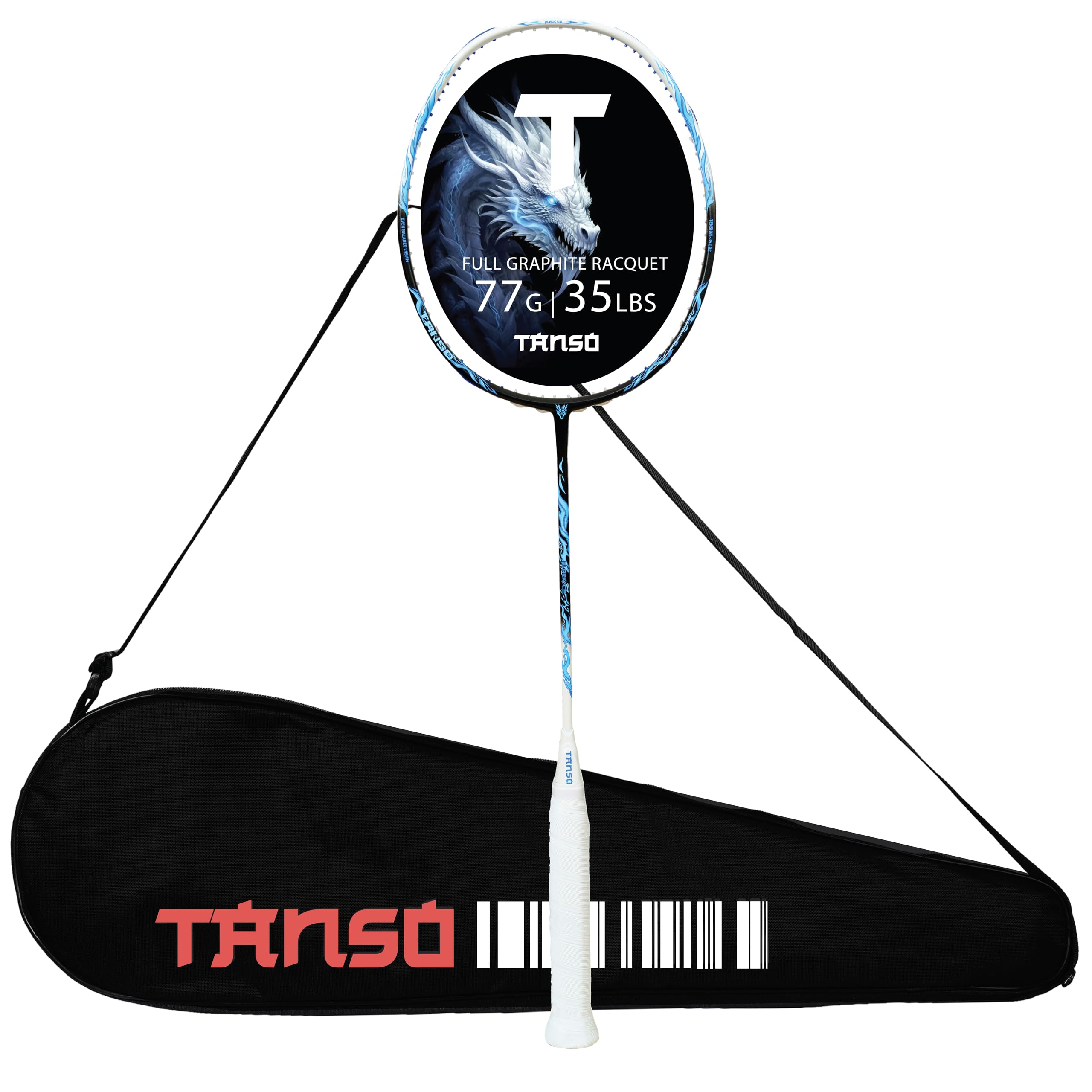 TANSO Wild Fire Full Graphite Ultra Light Weight Carbon Fibre Strung Badminton Racket (35 Lbs Tension,6.5mm ultra slim shaft, 77 Grams, Strung with premium strings and full racquet cover) (Aggressive)