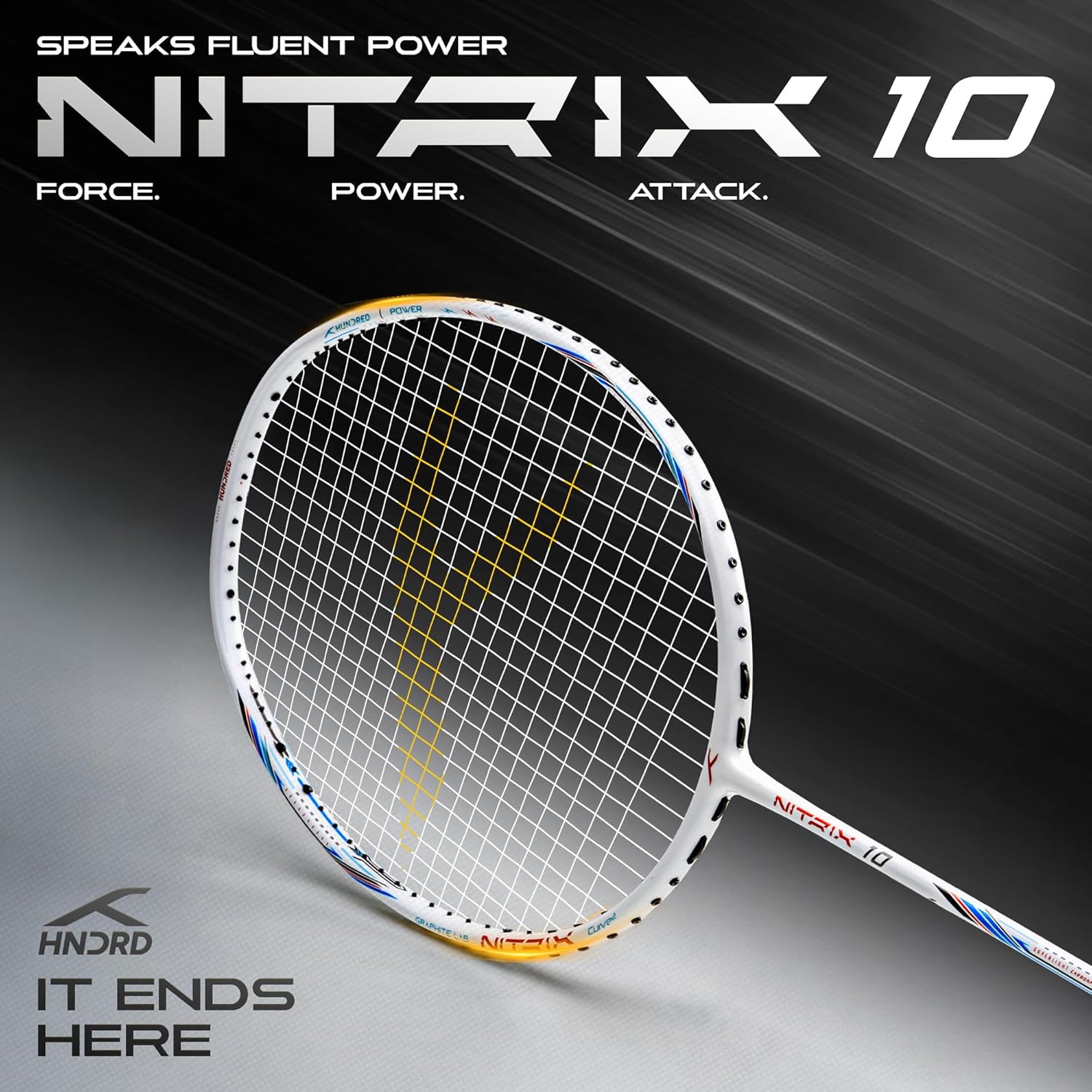 Hundred Nitrix 10 Badminton Racket (Strung) | Carbon Fiber Frame | Head-Heavy Attacking Racket | Flexible Shaft for Powerful Smashes | Max Tension 30 lbs | Full Cover Included