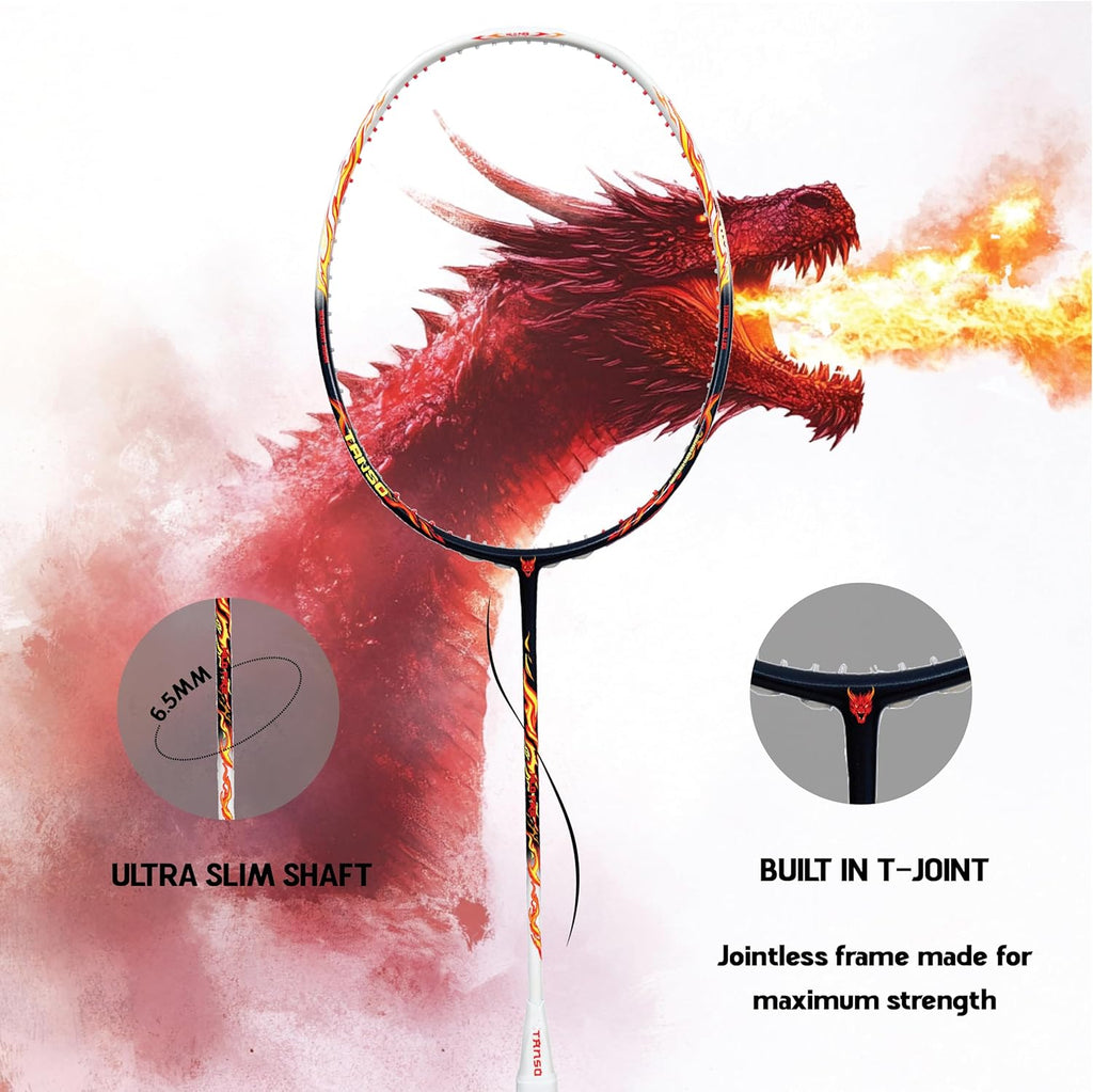 TANSO Wild Fire Full Graphite Ultra Light Weight Carbon Fibre Strung Badminton Racket (35 Lbs Tension,6.5mm ultra slim shaft, 77 Grams, Strung with premium strings and full racquet cover) (Aggressive)