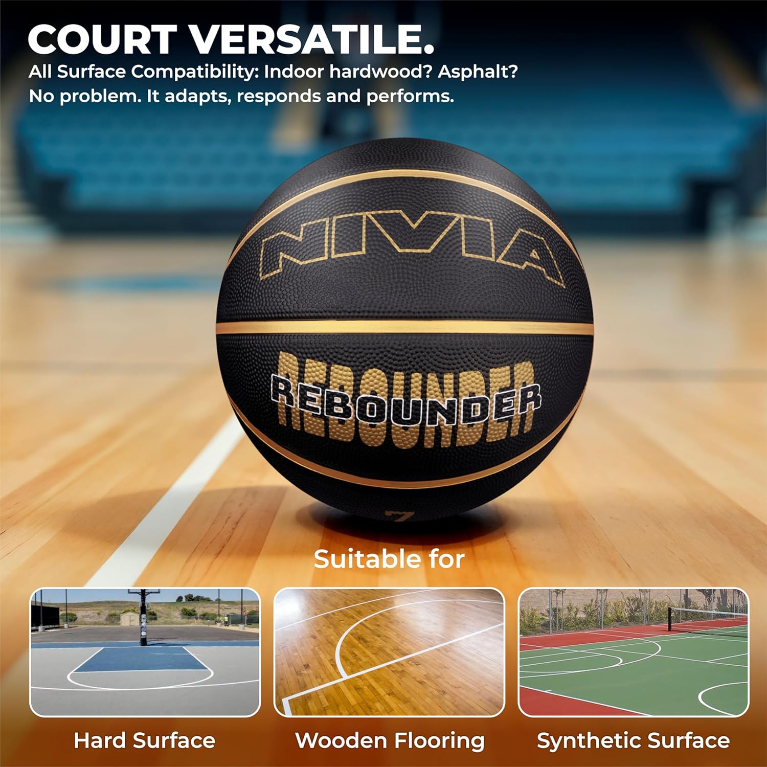 NIVIA Rebounder Basketball, As per Match Standard, 8 Panels, Soft Rubber Molded with Pebbled Texture, Butyl Bladder, to Play on All Indoor & Outdoor Surfaces