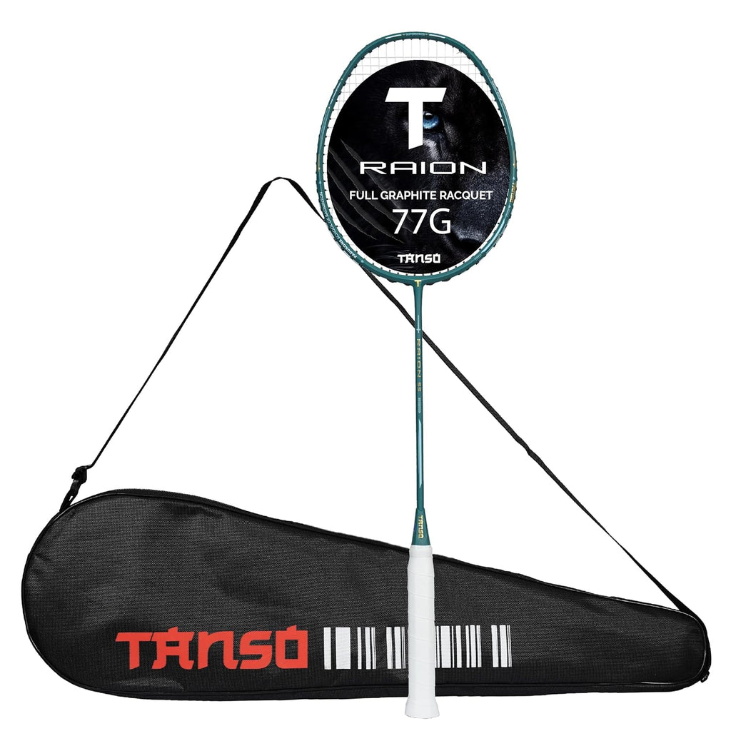 TANSO Raion SS Strung Badminton Racket (34 Lbs Tension, Recommended by Padukone School of Badminton, 77 Grams Ultra Light Weight Full Carbon Fiber with Premium Strings and Full Racquet Cover)