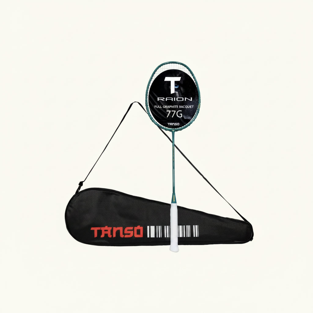 TANSO Raion SS Strung Badminton Racket (34 Lbs Tension, Recommended by Padukone School of Badminton, 77 Grams Ultra Light Weight Full Carbon Fiber with Premium Strings and Full Racquet Cover)