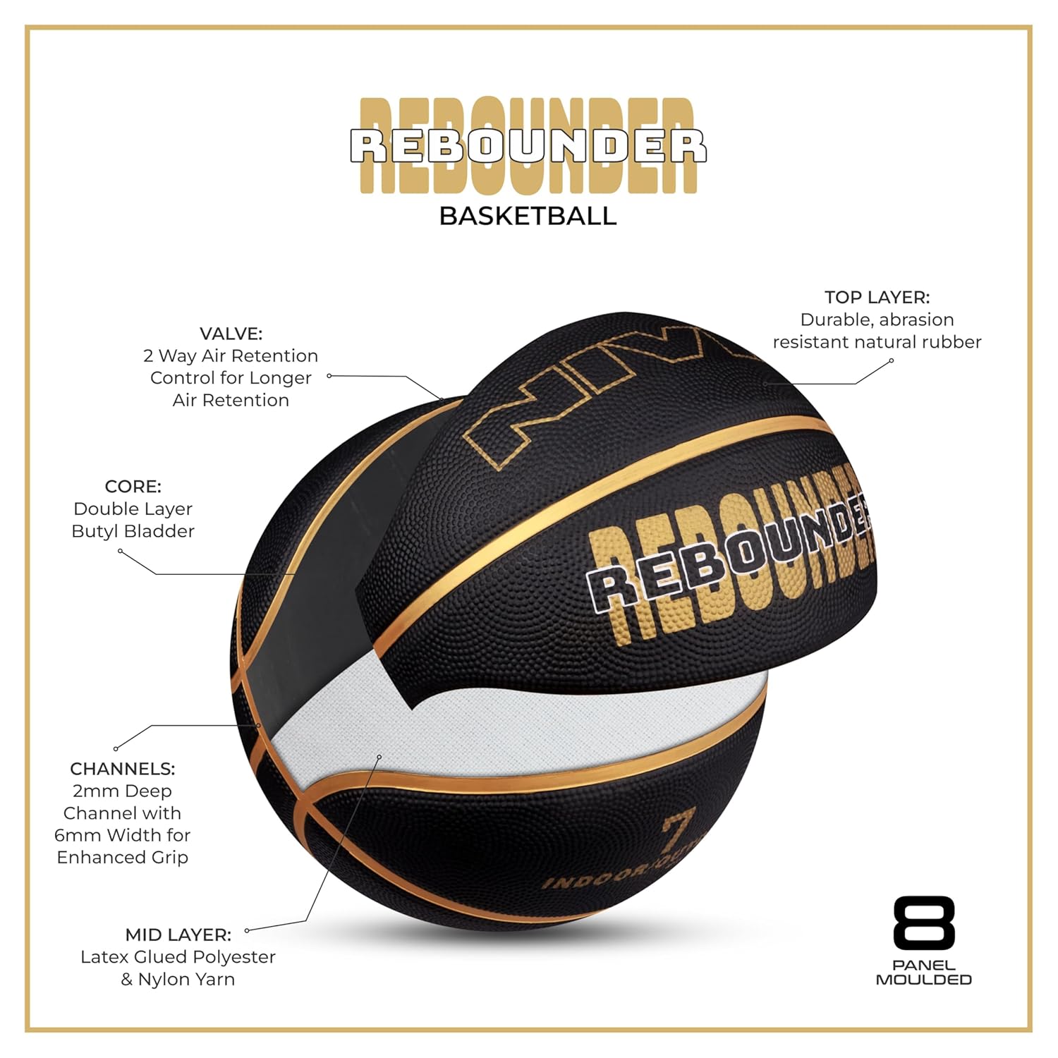 NIVIA Rebounder Basketball, As per Match Standard, 8 Panels, Soft Rubber Molded with Pebbled Texture, Butyl Bladder, to Play on All Indoor & Outdoor Surfaces