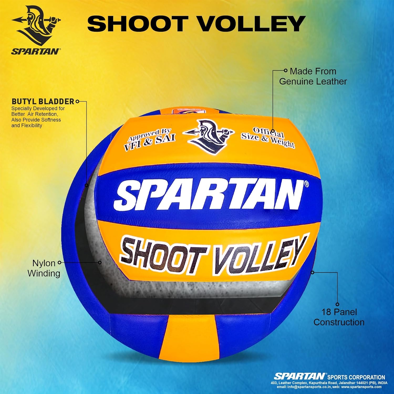 Spartan Shoot Volley Official Match Ball, Genuine Leather, 18 Panel Construction, VFI & SAI Approved