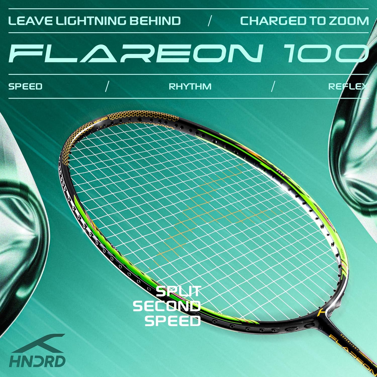 Hundred Flareon 100 Badminton Racket (Strung)| Carbon Fiber Frame | Speed Racket for Fast Swings | Flexible Shaft | Max Tension 30 lbs | Full Cover Included